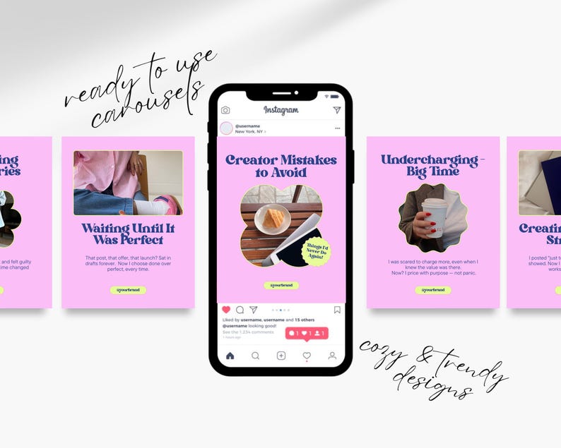 Side-by-side layout showing neon templates displayed on a phone and flat mockups. Fun and modern templates for Instagram creators using Canva.