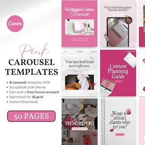 Può includere: Modelli di carosello Canva rosa con un tema scrapbook. I modelli includono 8 modelli di carosello (4:5), ottimizzati per la griglia IG e sono un download immediato. I modelli sono progettati con una combinazione di colori rosa e includono 50 pagine.