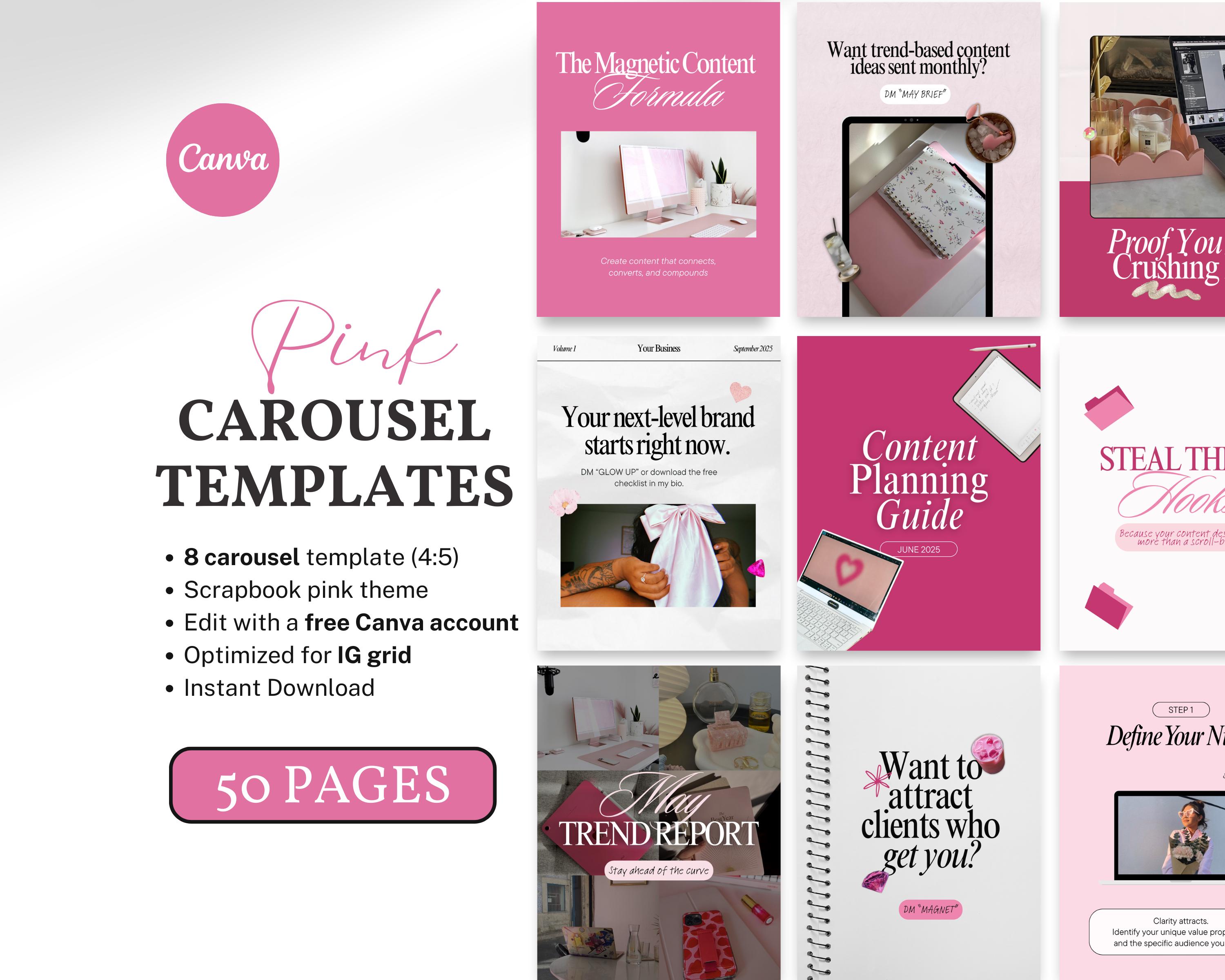 Pink Instagram Carousel Post Scrapbook Canva Templates Editable IG Digital Product Sellers Aesthetic Cozy Carousel TikTok Coaches Creators