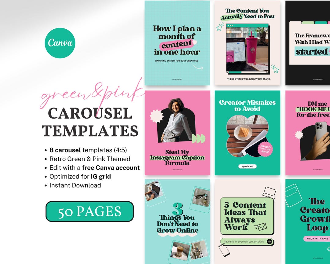 Retro Instagram Carousel Templates in Pink Teal Green 50 Viral ...