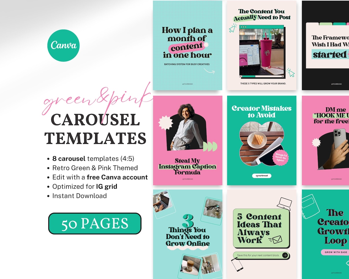 Retro Instagram Carousel Templates in Pink Teal Green 50 Viral ...