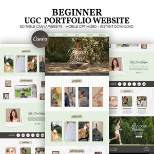 Könnte beinhalten: Eine digitale Vorlage für eine UGC-Portfolio-Website für Anfänger in hellgrün und dunkelgrau. Das Layout enthält Bereiche für Fotografie, bezahlte Anzeigen und persönliche Vorstellungen mit dem Text BEGINNER UGC PORTFOLIO WEBSITE.