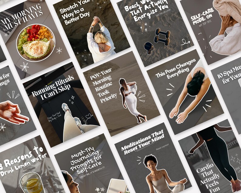 Canva fitness and wellness Instagram carousel templates, trendy viral clean girl aesthetic, minimal health and lifestyle content designs for social media growth and engagement.
