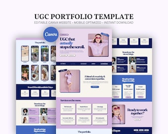 May include: A digital UGC portfolio template for Canva featuring a light purple and dark blue color scheme. The layout includes sections for a portfolio, services, and testimonials with placeholder text and images of a person in various poses.