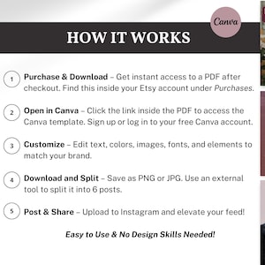 How It Works Guide
Step-by-step guide explaining how to use Bookstagram Canva templates including purchase, download, edit in Canva, export carousel slides, and post swipeable Instagram content for book creators.