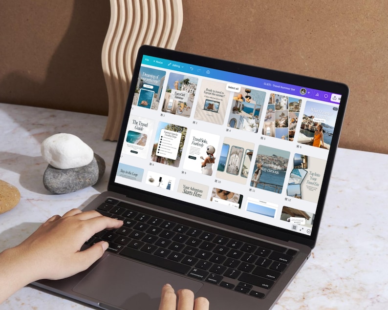 Someone Editing on Canva. Hands editing aesthetic travel Instagram templates in Canva – beginner-friendly, customizable, and perfect for minimal neutral content planning.