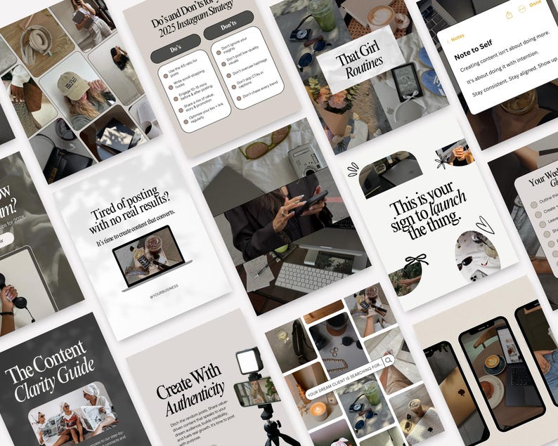 Flat lay of modern Instagram Canva templates displayed on a clean, neutral background — minimal, scroll-stopping layouts for creators and coaches.