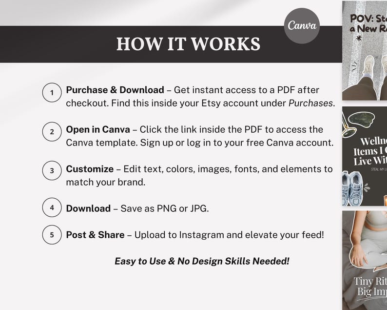 How it works to buy on etsy
Step-by-step how it works guide, clean girl aesthetic Canva carousel templates for wellness and fitness brands, trendy viral Instagram template pack available on Etsy.