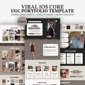 Puede incluir: Una plantilla de portafolio digital para dispositivos móviles con una paleta de colores neutros en gris oscuro, beige y blanco. El diseño incluye encabezados como VIRAL IOS CORE UGC PORTFOLIO TEMPLATE, secciones para trabajos recientes, videos, colaboraciones y paquetes de precios.