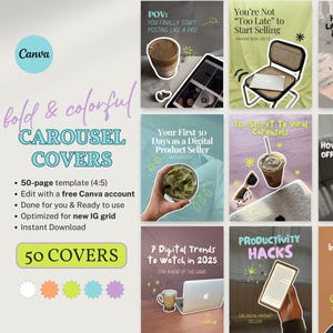 Könnte beinhalten: Ein Set mit 50 farbenfrohen Instagram-Karussell-Covern für digitale Produktverkäufer. Die Cover zeigen verschiedene Designs, darunter eine Tasse Kaffee, einen Laptop, ein Buch und ein Telefon. Der Text auf den Covern enthält Sätze wie "POV: Du fängst endlich an, wie ein Profi zu posten", "Du bist nicht "zu spät", um mit dem Verkauf zu beginnen", "Deine ersten 30 Tage als digitaler Produktverkäufer", "Das Geheimnis von viralen Karussells", "Wie du dein Angebot unwiderstehlich machst", "7 digitale Trends, die du 2025 im Auge behalten solltest" und "Produktivitäts-Hacks".