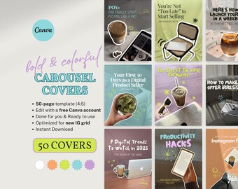 50 Bold Instagram Carousel Covers for Digital Product Sellers Editable Canva Templates for Coaches Creators Viral IG Cozy TikTok Carousel
