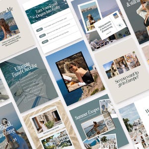 Flat Lay with Mock Pages. Rustic aesthetic Instagram post templates with European summer vibes – includes location guides, travel hacks, and calming coastal design.