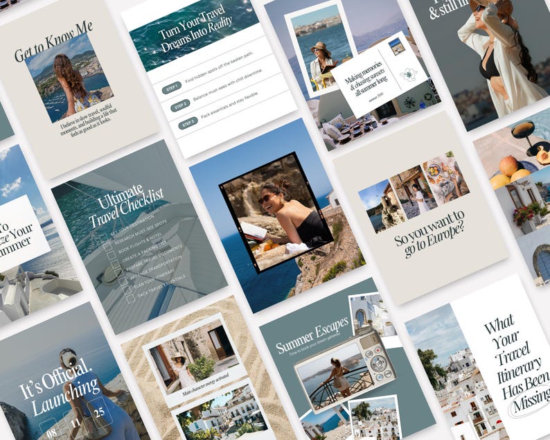 Flat Lay with Mock Pages. Rustic aesthetic Instagram post templates with European summer vibes – includes location guides, travel hacks, and calming coastal design.