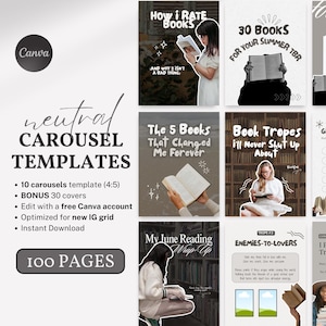 May include: A digital product featuring Canva templates for book-themed Instagram carousels. The templates include 10 carousel templates, 30 bonus covers, and are optimized for a new IG grid. The design includes text such as "How I Rate Books" and "30 Books for Your Summer TBR."