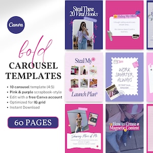 May include: A digital marketing template set for Instagram, featuring a pink and purple scrapbook style. The design includes the text "bold CAROUSEL TEMPLATES" and "60 PAGES". The templates are optimized for Instagram grids and are instantly downloadable.