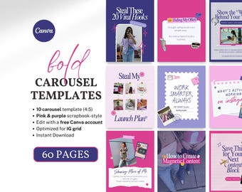 May include: A digital marketing template set for Instagram, featuring a pink and purple scrapbook style. The design includes the text "bold CAROUSEL TEMPLATES" and "60 PAGES". The templates are optimized for Instagram grids and are instantly downloadable.
