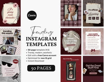 Trending Burgundy Instagram Templates Canva, Crimson Red Feed Posts, Moody Aesthetic Social Media Kit, Viral Vintage Scrapbook IG Post Set