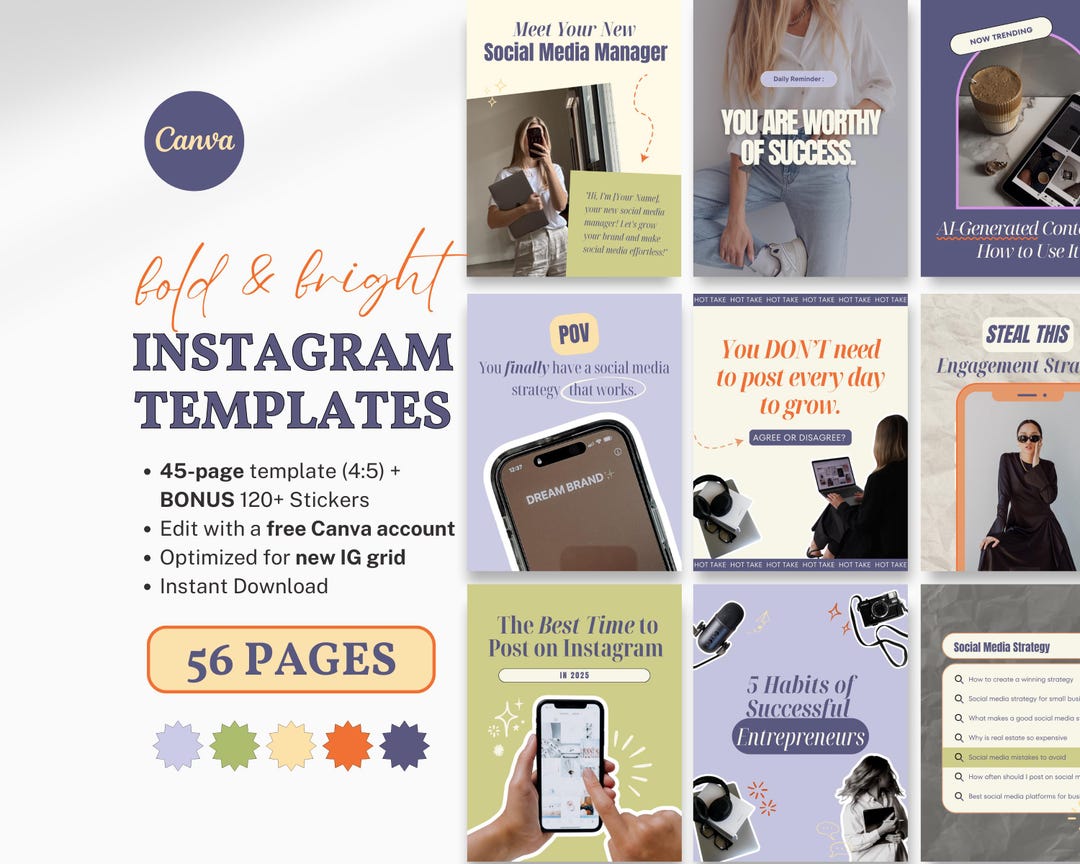 Bold Colorful Instagram Templates Social Media Manager Canva Templates ...