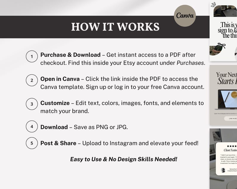 How It Works to Buy on Etsy
Step-by-step visual guide on purchasing and using digital Canva templates via Etsy – includes download, edit, and post instructions.