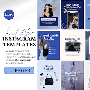 Op de afbeelding: Een verzameling Viral Blue Instagram-sjablonen. De sjablonen hebben een modern, esthetisch ontwerp met een beeldverhouding van 4:5. Ze zijn geoptimaliseerd voor nieuwe Instagram-grids, bewerkbaar met een gratis Canva-account en bevatten 50 pagina's. Directe download.