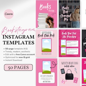 Op de afbeelding: Roze Bookstagram Instagram-sjablonen met verschillende lay-outs. De sjablonen bevatten tekst zoals "Books That Changed Me", "September Book Club Pick" en "What's in my bag bookish edition". De sjablonen zijn ontworpen voor Instagram.