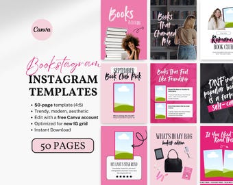 Bookstagram Canva-mallar Rosa redigerbara bokmallar Virala bokrecension Instagram-inlägg Bokmallar IG-inlägg Booksta Sociala medier BookTok