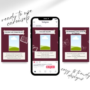 Smartphone mockup displaying seamless Bookstagram Instagram carousel templates optimized for the 4:5 grid, showing swipeable book review posts and book recommendation layouts designed for BookTok and book content creators.