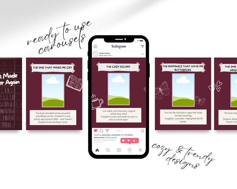 Smartphone mockup displaying seamless Bookstagram Instagram carousel templates optimized for the 4:5 grid, showing swipeable book review posts and book recommendation layouts designed for BookTok and book content creators.