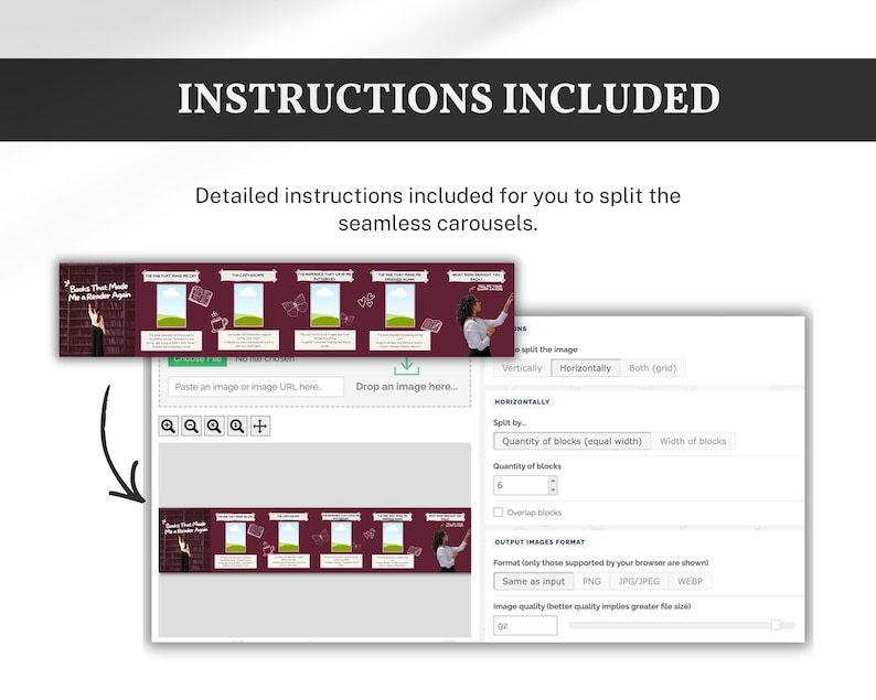 Instruction page showing how to export and split seamless Instagram carousel posts from Canva, included with Bookstagram template bundle to help creators post swipeable book content easily.