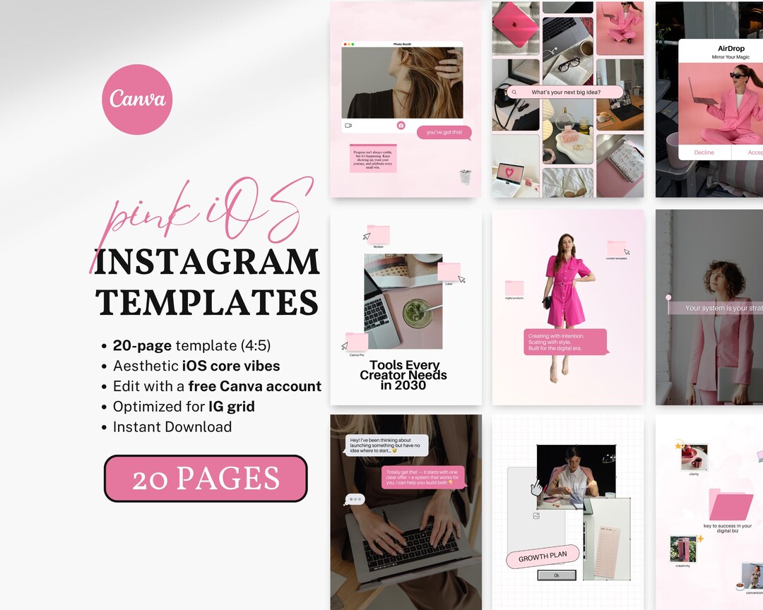 Plantillas de Canva rosa para iOS e Instagram: 20 publicaciones de ...