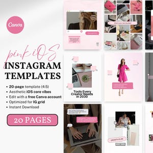 May include: Pink Instagram templates with a Canva logo. The templates include 20 pages, aesthetic iOS core vibes, and are optimised for the IG grid. The image also includes the text "Tools Every Creator Needs in 2030" and "Growth Plan".