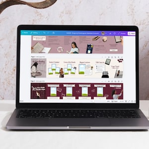 Laptop mockup showing burgundy aesthetic Bookstagram seamless carousel templates displayed on screen, highlighting editable Canva layouts for book reviews, book recommendations, and reading content.