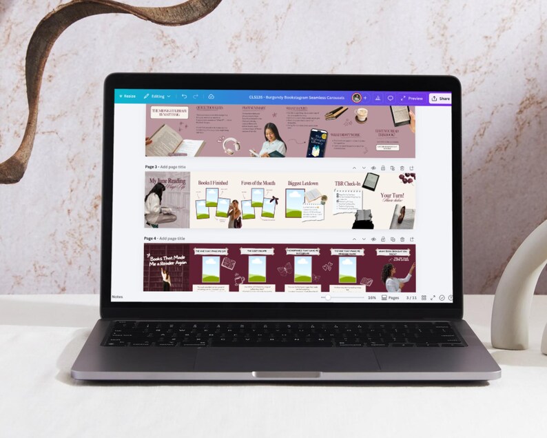 Laptop mockup showing burgundy aesthetic Bookstagram seamless carousel templates displayed on screen, highlighting editable Canva layouts for book reviews, book recommendations, and reading content.
