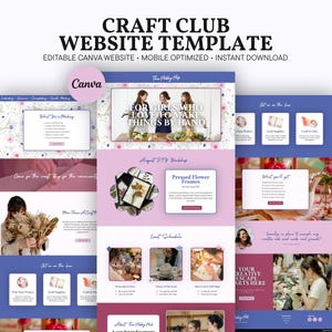 May include: A digital website template for a craft club featuring a purple and pink colour scheme. The layout includes sections for workshop schedules, event listings, and project galleries with text headers like Craft Club Website Template.