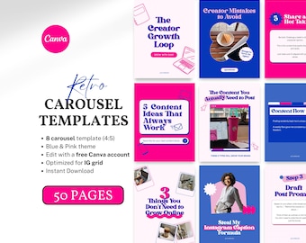 Pink Instagram Carousel Canva Templates Trendy Editable Aesthetic Bright Social Media Templates for Digital Product Sellers Coaches Retro