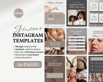 Plantillas de Instagram para el cuidado de la piel / 30 publicaciones editables en Canva para esteticistas, spas y negocios de belleza / Contenido editable para redes sociales / Publicaciones de Instagram
