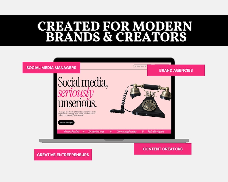 Website template designed for social media managers, creative agencies, freelancers, content creators, brand strategists, and marketing professionals.