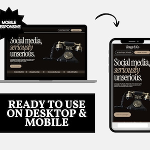 May include: A laptop and a smartphone displaying a website with the text Social media, seriously unserious. The design features a black and gold vintage telephone graphic, a logo for Rouge & Co, and buttons labeled A BOUTIQUE STUDIO and BOOK A CHAT.
