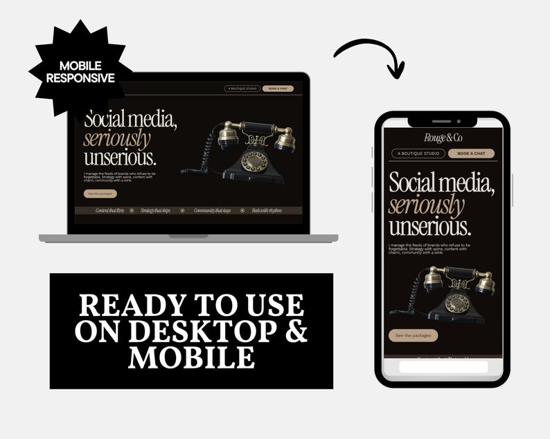 May include: A laptop and a smartphone displaying a website with the text Social media, seriously unserious. The design features a black and gold vintage telephone graphic, a logo for Rouge & Co, and buttons labeled A BOUTIQUE STUDIO and BOOK A CHAT.