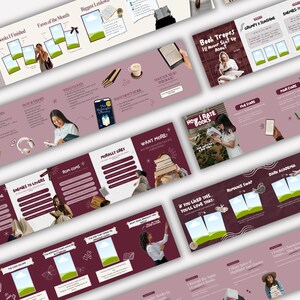 Angled collage showing multiple burgundy Bookstagram carousel templates flowing across slides, highlighting seamless storytelling layouts for book reviews, book lists, and aesthetic book content creators.