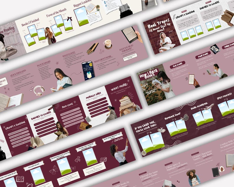 Angled collage showing multiple burgundy Bookstagram carousel templates flowing across slides, highlighting seamless storytelling layouts for book reviews, book lists, and aesthetic book content creators.
