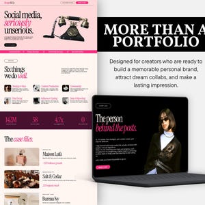 Laptop mockup displaying the homepage of the Editorial Canva website with a bold hero headline, vintage telephone graphic, luxury branding, and modern editorial layout. More than a portfolio.