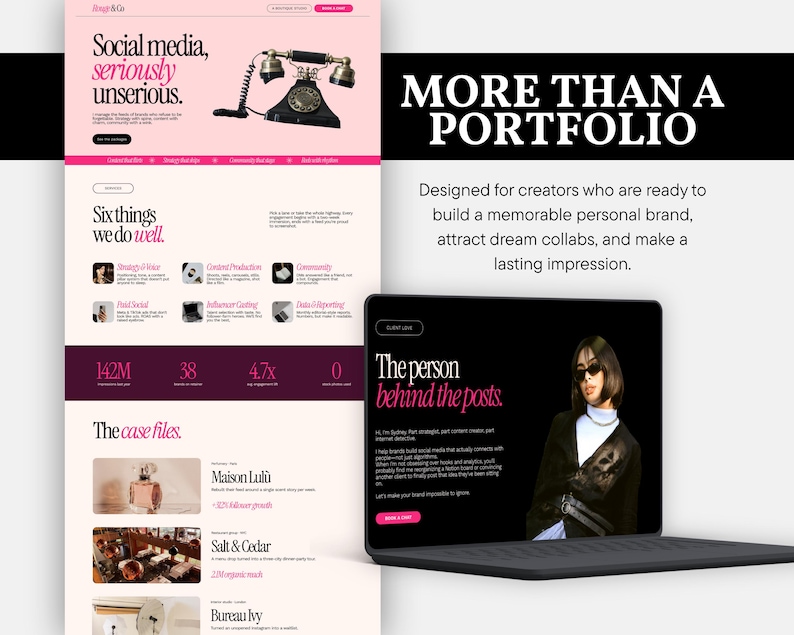 Laptop mockup displaying the homepage of the Editorial Canva website with a bold hero headline, vintage telephone graphic, luxury branding, and modern editorial layout. More than a portfolio.