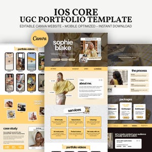 May include: An IOS Core UGC portfolio template designed for Canva, featuring a mobile-optimized layout with sections for portfolio videos, about me, services, and packages. The design uses a yellow and white color scheme with black text.