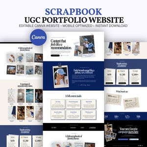 Könnte beinhalten: Eine digitale Portfolio-Website-Vorlage für Canva mit Scrapbook-Ästhetik in Dunkelblau und Weiß. Das Layout enthält Abschnitte für Inhalte, Preise und Referenzen mit dem Text Scrapbook UGC Portfolio Website sowie weiteren Textbausteinen.