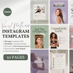 Può includere: Immagine promozionale per modelli Instagram. Il testo recita "Viral Wellness Instagram Templates" con dettagli sul modello di 50 pagine, design estetico e compatibilità con l'account Canva. L'immagine include post di esempio a tema benessere.