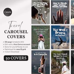Puede incluir: Un conjunto de portadas de carrusel de Instagram con temática de viajes. Las portadas presentan imágenes con texto como "Cómo viajar ligero sin perder nada" y "Destinos de ensueño de esta semana". La plantilla incluye 50 páginas y está optimizada.