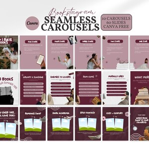 Burgundy aesthetic Bookstagram seamless carousel templates displayed in a collage layout showing multiple Instagram post slides for book reviews, reading lists, and book recommendations, editable Canva templates designed for BookTok creators, authors, and book content creators.