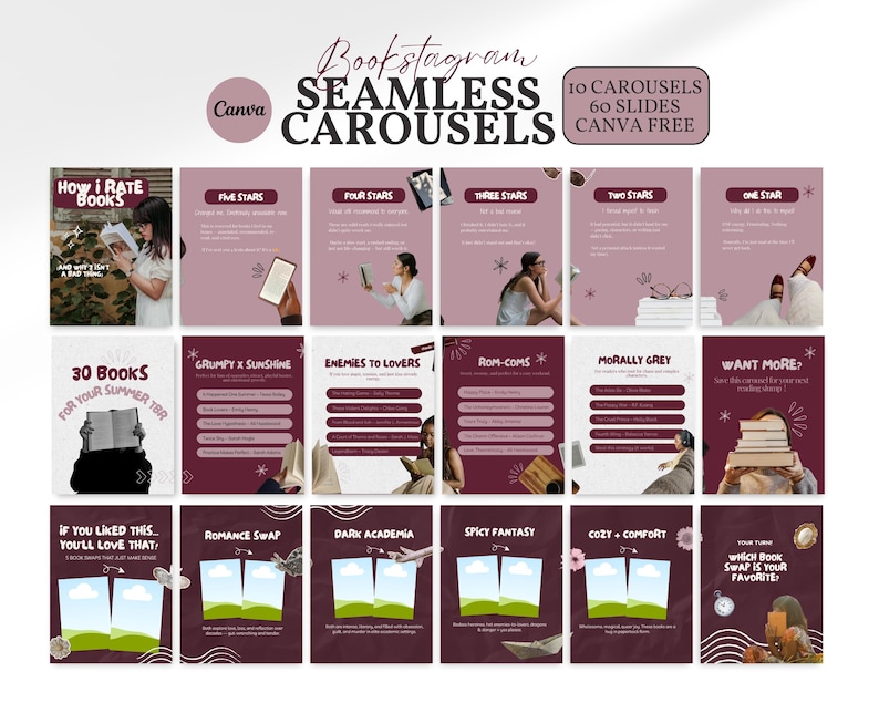 Burgundy aesthetic Bookstagram seamless carousel templates displayed in a collage layout showing multiple Instagram post slides for book reviews, reading lists, and book recommendations, editable Canva templates designed for BookTok creators, authors, and book content creators.