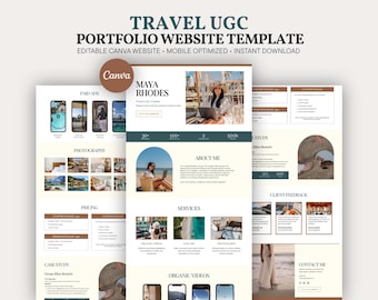 Modèle de site Web Portfolio de voyage UGC Canva | Site de création de voyages en terre cuite | Kit média bleu sarcelle pour hôtels, tourisme, Airbnb et créateurs de contenu